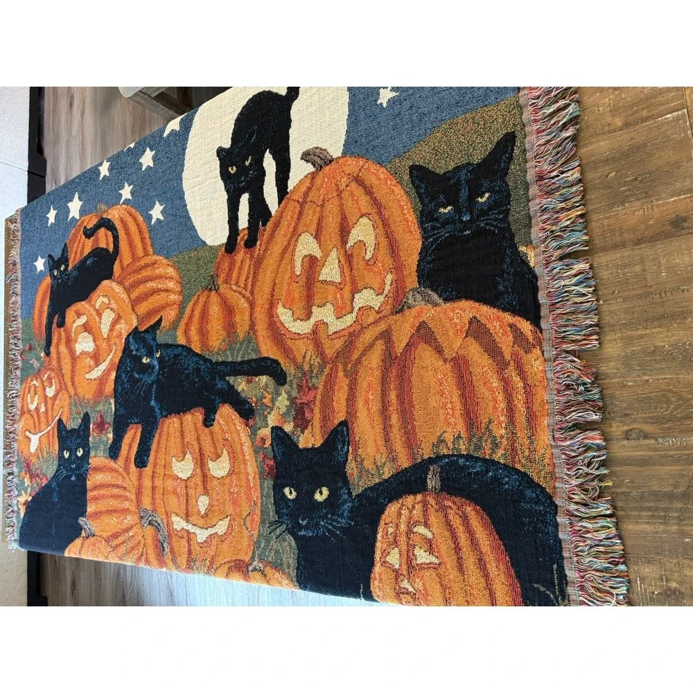 Halloween Black Cat Pumpkin Tapestry Autumn Fall Decor Blanket Throw 63